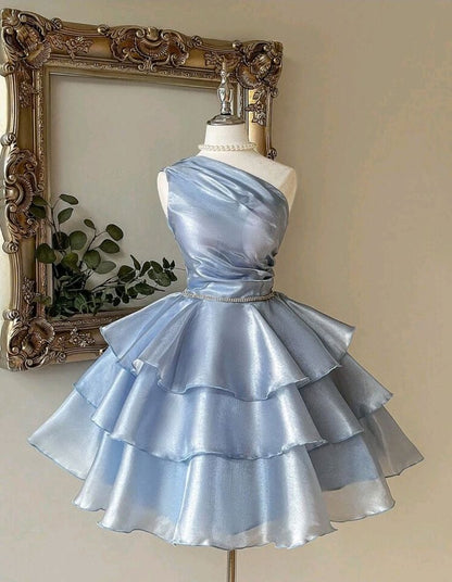Blue A Line One Shoulder Layered Satin Short Homecoming Dresses DP4177