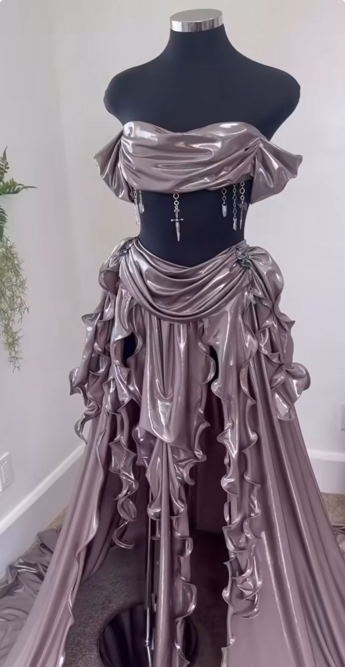 Unique Grey A Line Off the Shoulder Ruffle Satin Prom Dress Evening Dress Date Dress DP3308