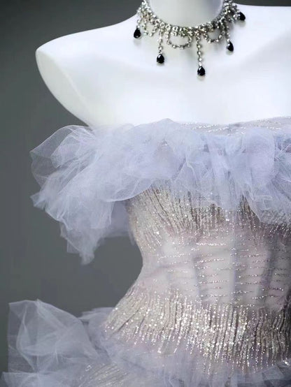 A Line Off The Shoulder Sequins Tulle Ruffle Evening Gown DP809