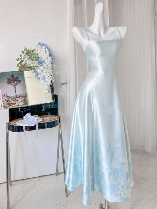 Elegant A Line Spaghetti Strap Print Floral Satin Long Prom Dress Evening Dress DP1413