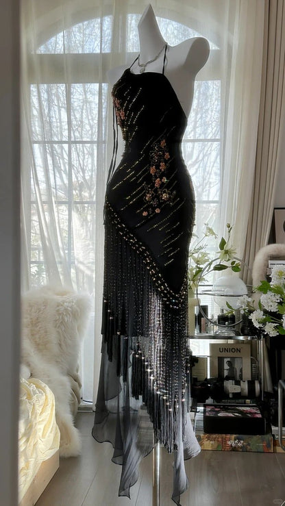 Sexy Black Mermaid Halter Exquisite Beaded Chiffon Prom Dress 21th Birthday Dress DP3902