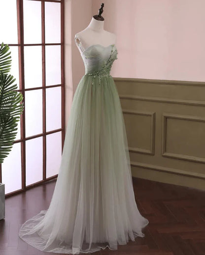 Elegant A Line Sweetheart Neck Beaded Green Tulle Prom Dress Evening Dress DP1645