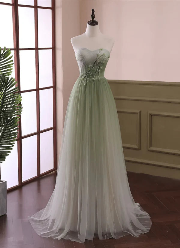 Elegant A Line Sweetheart Neck Beaded Green Tulle Prom Dress Evening Dress DP1645