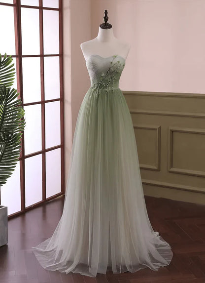 Elegant A Line Sweetheart Neck Beaded Green Tulle Prom Dress Evening Dress DP1645