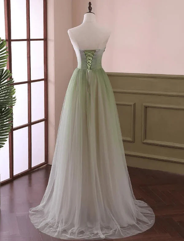 Elegant A Line Sweetheart Neck Beaded Green Tulle Prom Dress Evening Dress DP1645