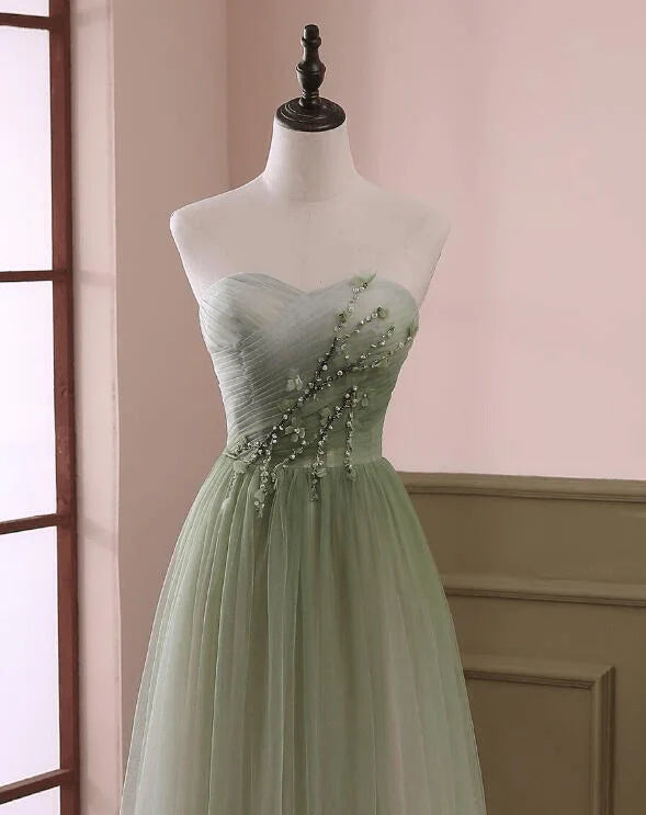 Elegant A Line Sweetheart Neck Beaded Green Tulle Prom Dress Evening Dress DP1645