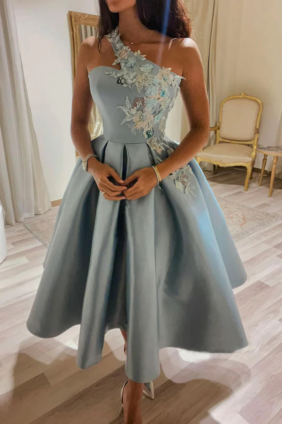 Cute A Line One Shoulder Appliques Satin Lace Short Homecoming Dress Party Dress DP1110