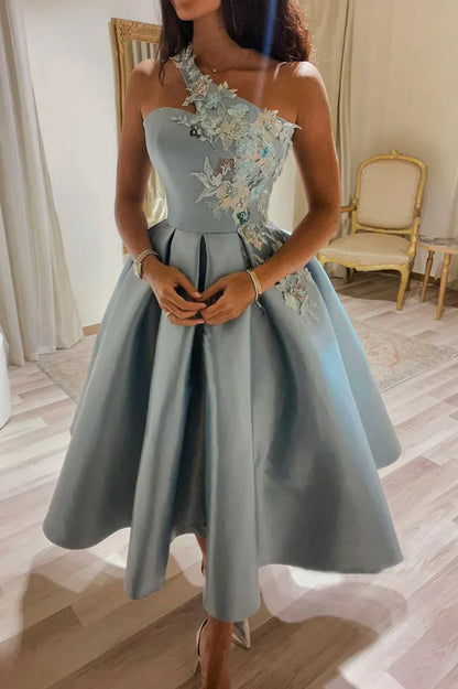 Cute A Line One Shoulder Appliques Satin Lace Short Homecoming Dress Party Dress DP1110
