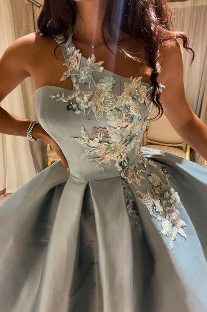 Cute A Line One Shoulder Appliques Satin Lace Short Homecoming Dress Party Dress DP1110