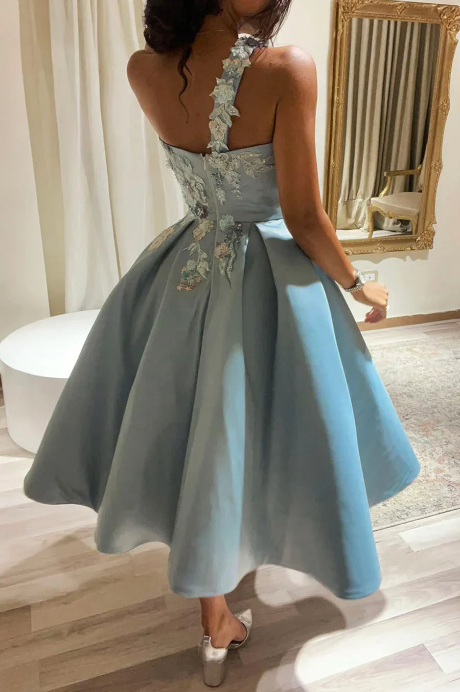 Cute A Line One Shoulder Appliques Satin Lace Short Homecoming Dress Party Dress DP1110