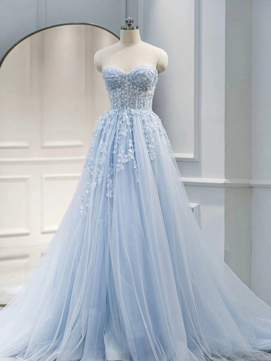Light Blue A Line Strapless Appliques Tulle Prom Dress Evening Dress DP1119