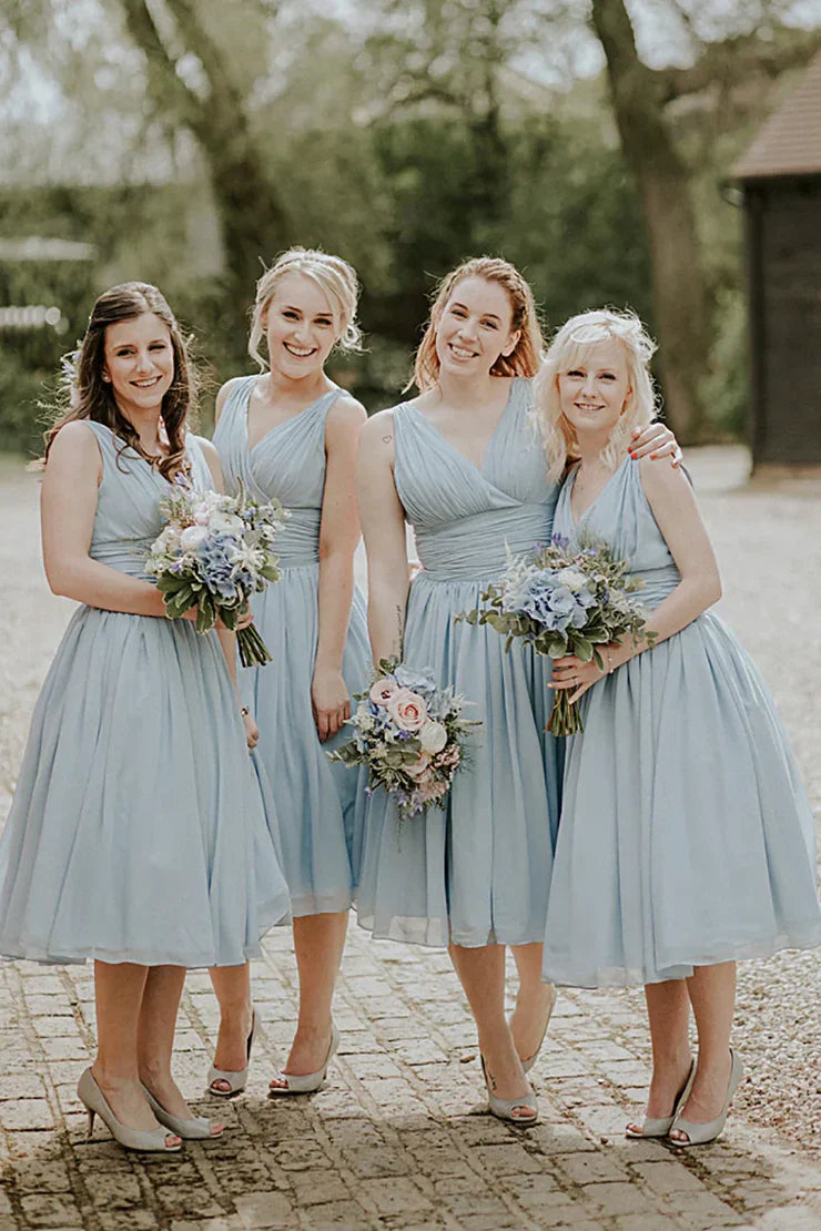 Dusty Blue A-Line Mid-Calf Ruched Chiffon Bridesmaid Dress DP5548