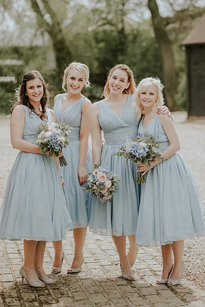 Dusty Blue A-Line Mid-Calf Ruched Chiffon Bridesmaid Dress DP5548