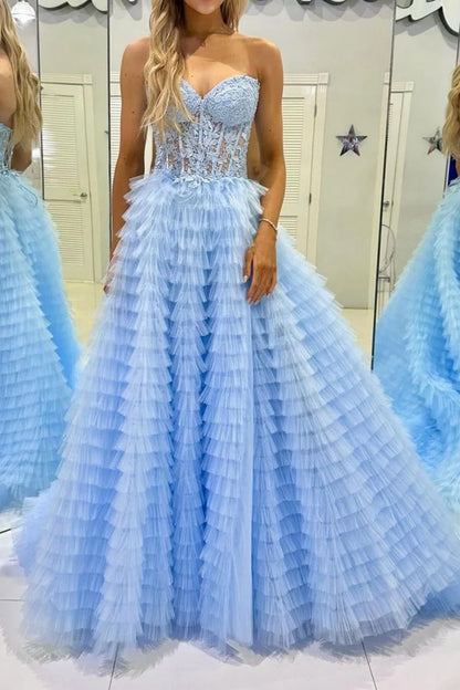 Trendy A Line Sweetheart Blue Corset Prom Dress with Appilques Ruffles DP7762