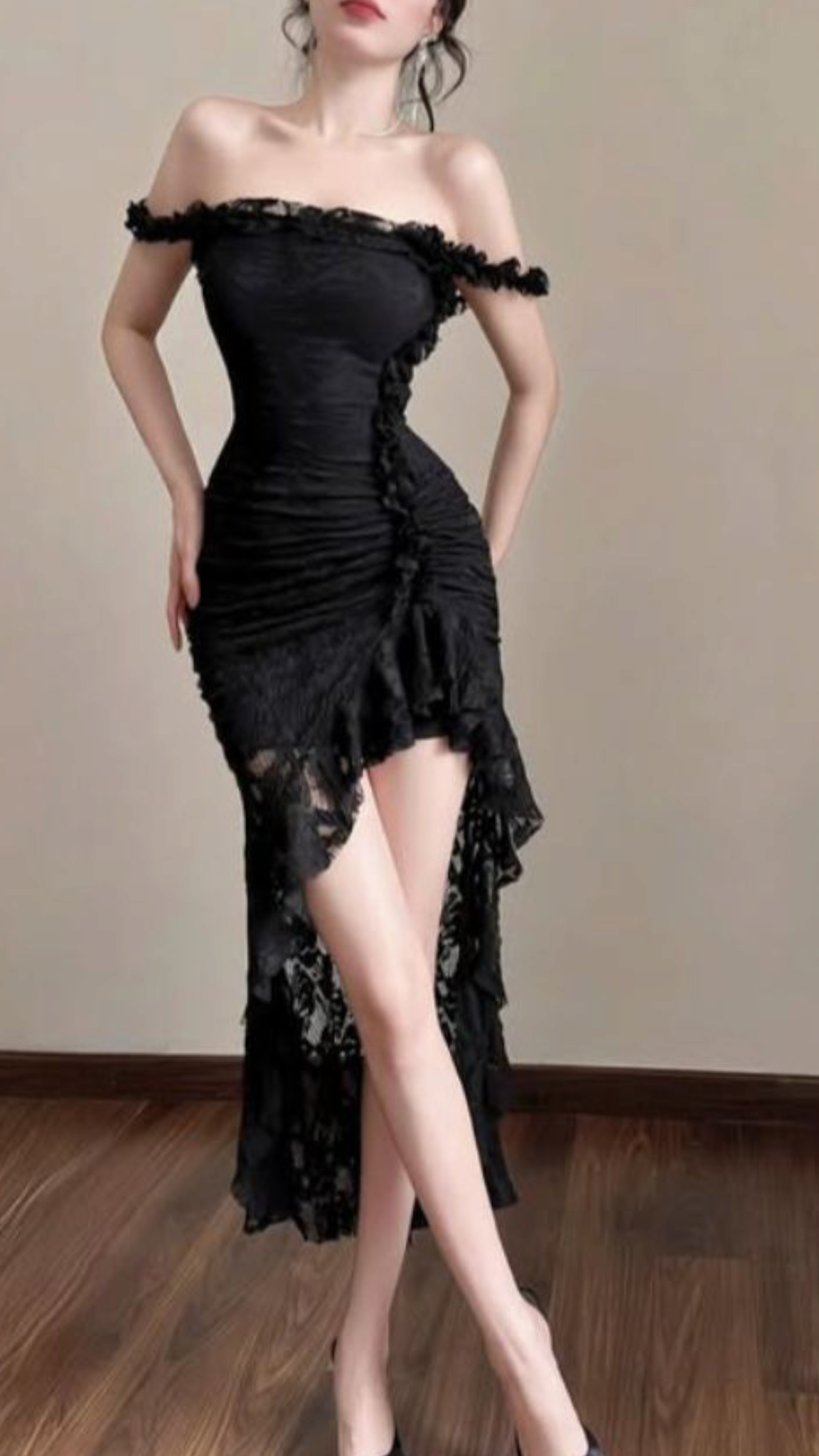 Sexy Black Mermaid Off the Shoulder Lace Prom Dress Evening Dress DP6915