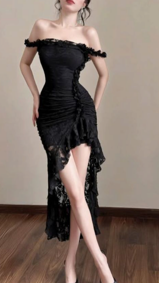 Sexy Black Mermaid Off the Shoulder Lace Prom Dress Evening Dress DP6915