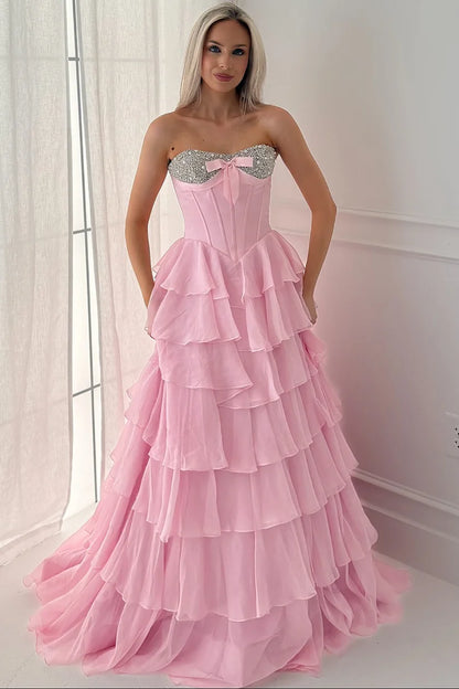 Pink A Line Strapless Corset Beaded Layered Chiffon Evening Dress Prom Dress DP7677