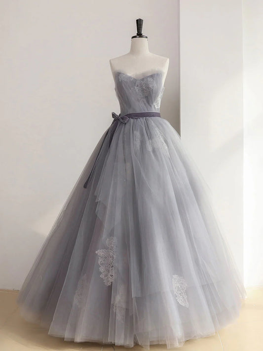 A Line Strapless Appliques Gray Tulle Long Prom Dress Evening Dress DP1030