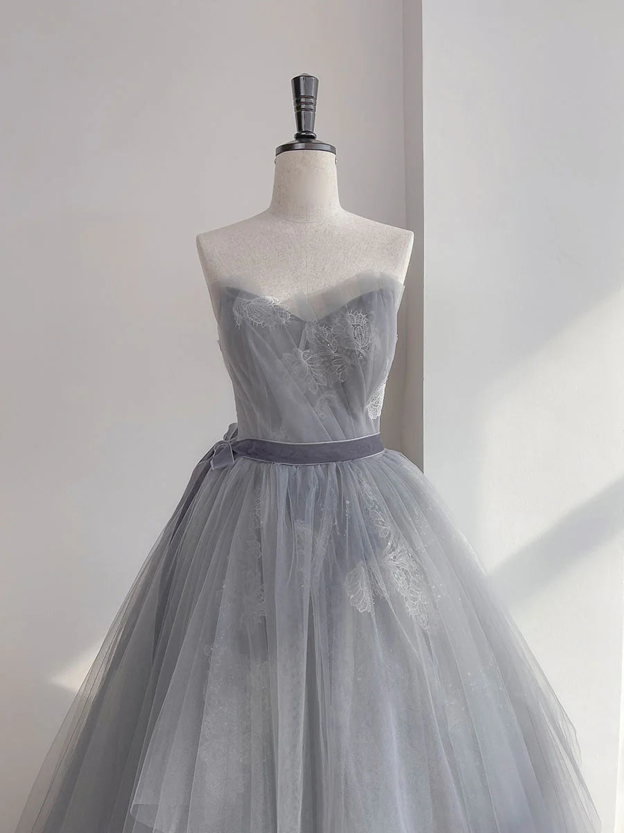 A Line Strapless Appliques Gray Tulle Long Prom Dress Evening Dress DP1030