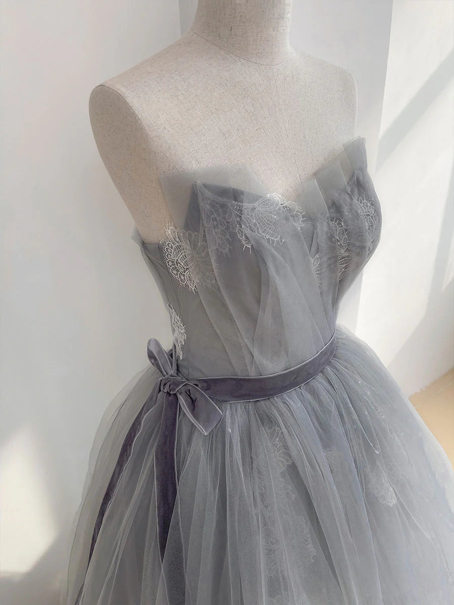 A Line Strapless Appliques Gray Tulle Long Prom Dress Evening Dress DP1030