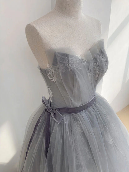 A Line Strapless Appliques Gray Tulle Long Prom Dress Evening Dress DP1030