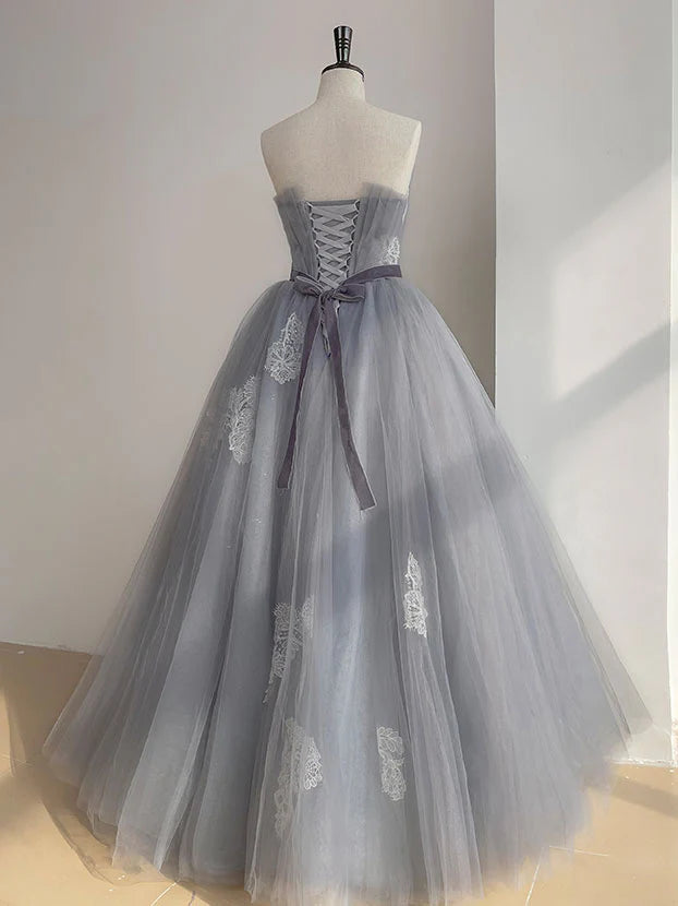 A Line Strapless Appliques Gray Tulle Long Prom Dress Evening Dress DP1030
