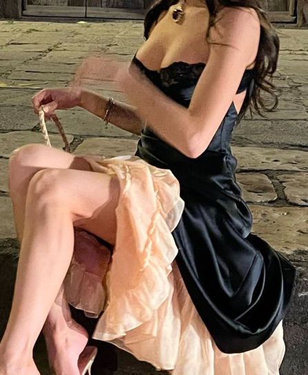 Stunning Black A Line Spaghetti Strap Chiffon Satin Prom Dress Evening Dress Date Dress DP3306