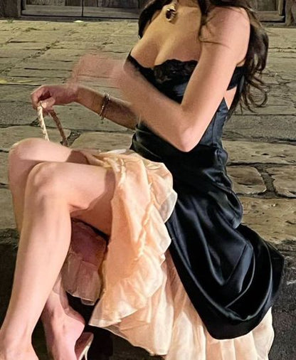 Stunning Black A Line Spaghetti Strap Chiffon Satin Prom Dress Evening Dress Date Dress DP3306