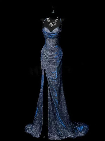 Classy Mermaid Spaghetti Straps Navy Blue Sequin Long Evening Gowns Prom Dress DP3310