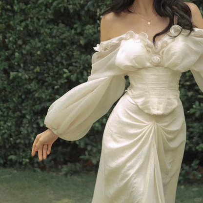 Vintage Ivory Mermaid Long Sleeve Satin Long Prom Dress Party Dress Outfits DP4522