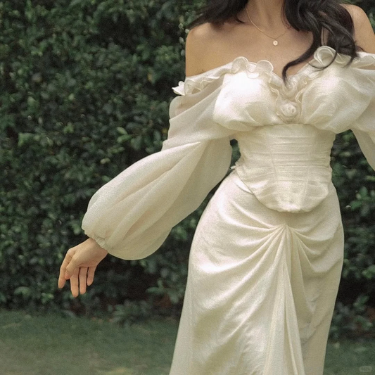 Vintage Ivory Mermaid Long Sleeve Satin Long Prom Dress Party Dress Outfits DP4522