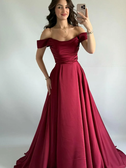 Simple Burgundy A Line Off the Shoulder Satin Prom Dress Evening Dress DP5259
