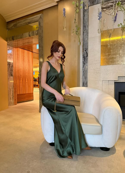 Simple Green A Line V Neck Satin Long Prom Dress Wedding Guest Dress DP4318