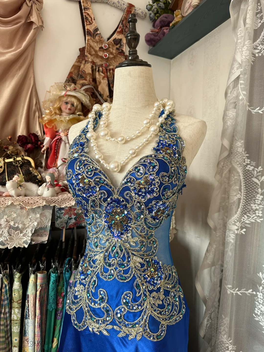 Vintage Mermaid Halter Exquisite Beaded Blue Satin Backless Prom Dress DP4856