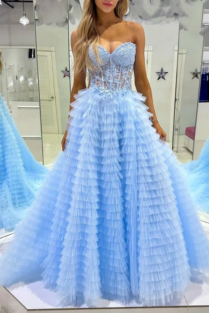 Trendy A Line Sweetheart Blue Corset Prom Dress with Appilques Ruffles DP7762