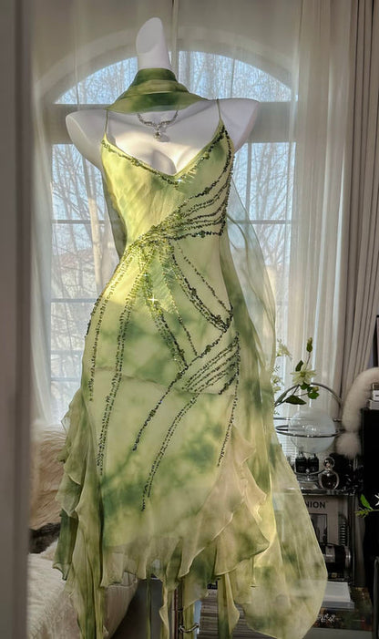 Green A Line Spaghetti Strap Beaded Ruffle Chiffon Short Party Dress Prom Dress DP2217