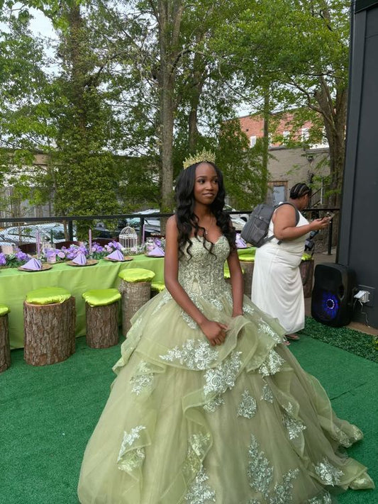 Green Ball Gown Sweetheart Neck Lace Appliques Ruffle Tulle Prom Dress Evening Dress DP8044