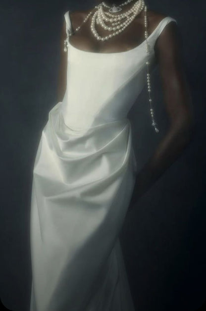 Fashion Mermaid Straps Long Prom Dress White Satin Backless Wedding Dress DP136