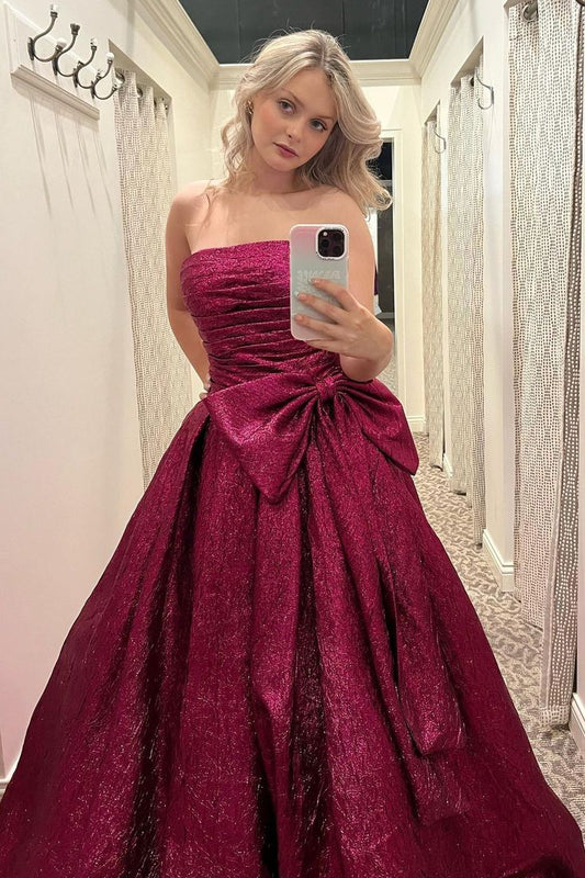 A Line Strapless Ruched Satin Long Prom Dress Evening Dress with Bow DP1181