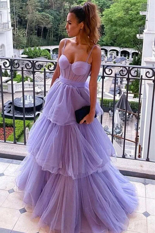 Tiered Lavender Bustier Bow-Back Long Prom Dress DP995