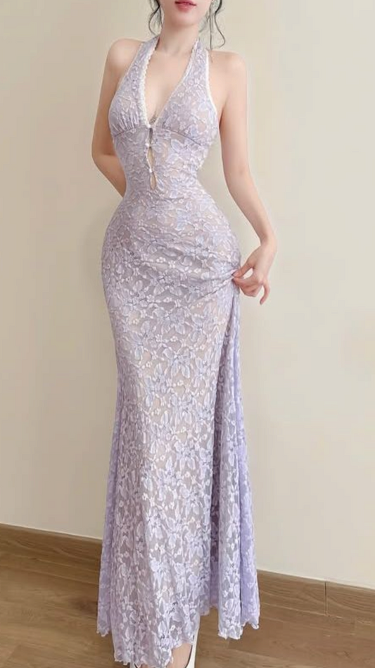 Lilac Sheath Halter Lace Backless Long Prom Dress Evening Dress DP6914