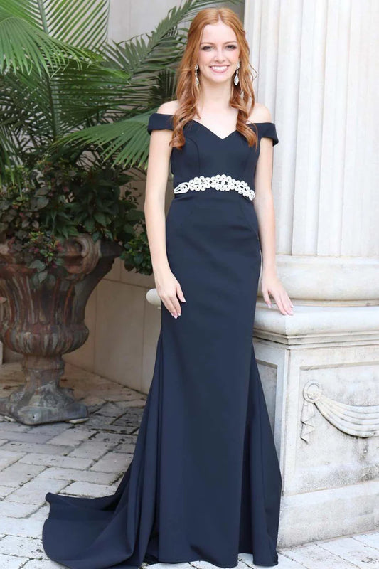 Black Off-the-Shoulder Cross-Back Mermaid Satin Long Formal Dress Prom Dress DP1157