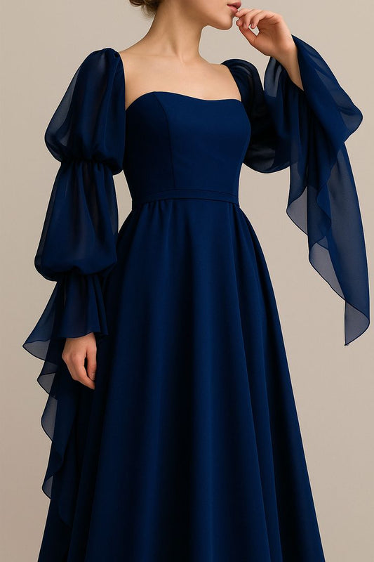 Flowy Elegant Dark Blue Long Sleeve Chiffon Long Party Dress Date Dress DP2932
