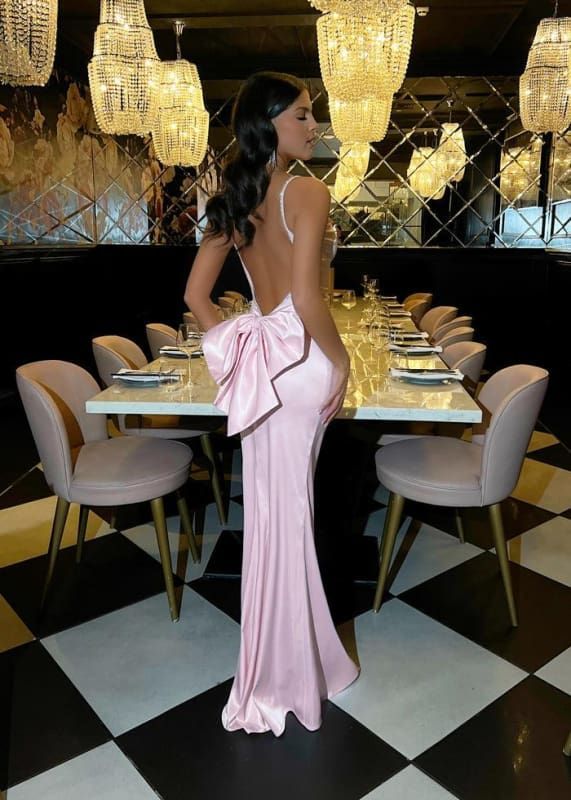 Pink Sheath Spaghetti Strap Satin Open Back Prom Dress 16th Birthday Dress with Bow DP3956