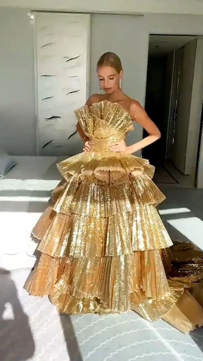 Luxurious Gold Pleated Irregular Neck Layered Prom Dress Quinceañera Party Dress DP280