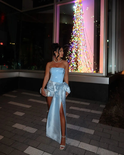 Princess Sheath Strapless Blue Short Party Dress with Bowknot DP7391