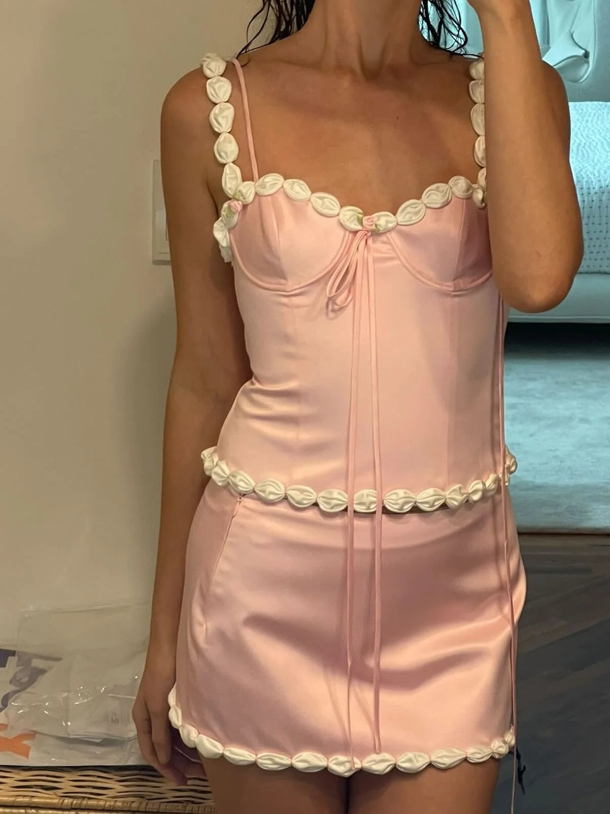 Cute Sheath Spaghetti Straps Pink Short Homecoming Dress with Appliques DP7363