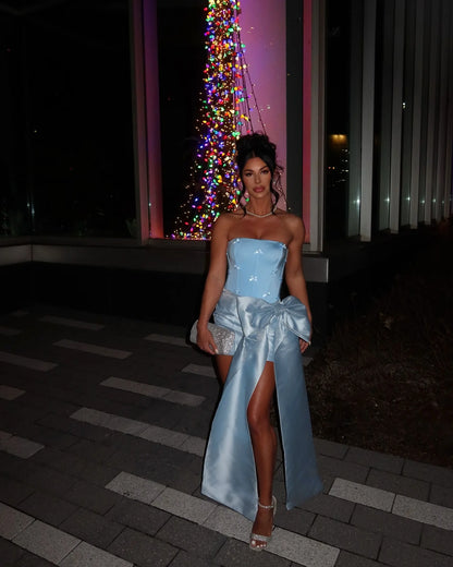 Princess Sheath Strapless Blue Short Party Dress with Bowknot DP7391