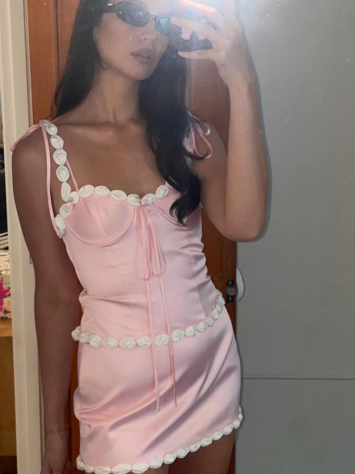Cute Sheath Spaghetti Straps Pink Short Homecoming Dress with Appliques DP7363