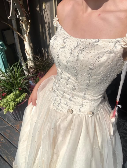 Retro A Line Off the Shoulder Beaded Light Apricot Satin Tulle Wedding Dress DP5521